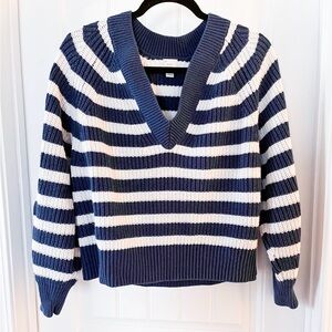 A New Day Striped V-Neck Sweater M Blue White Coastal Grandmother Nautical Knit